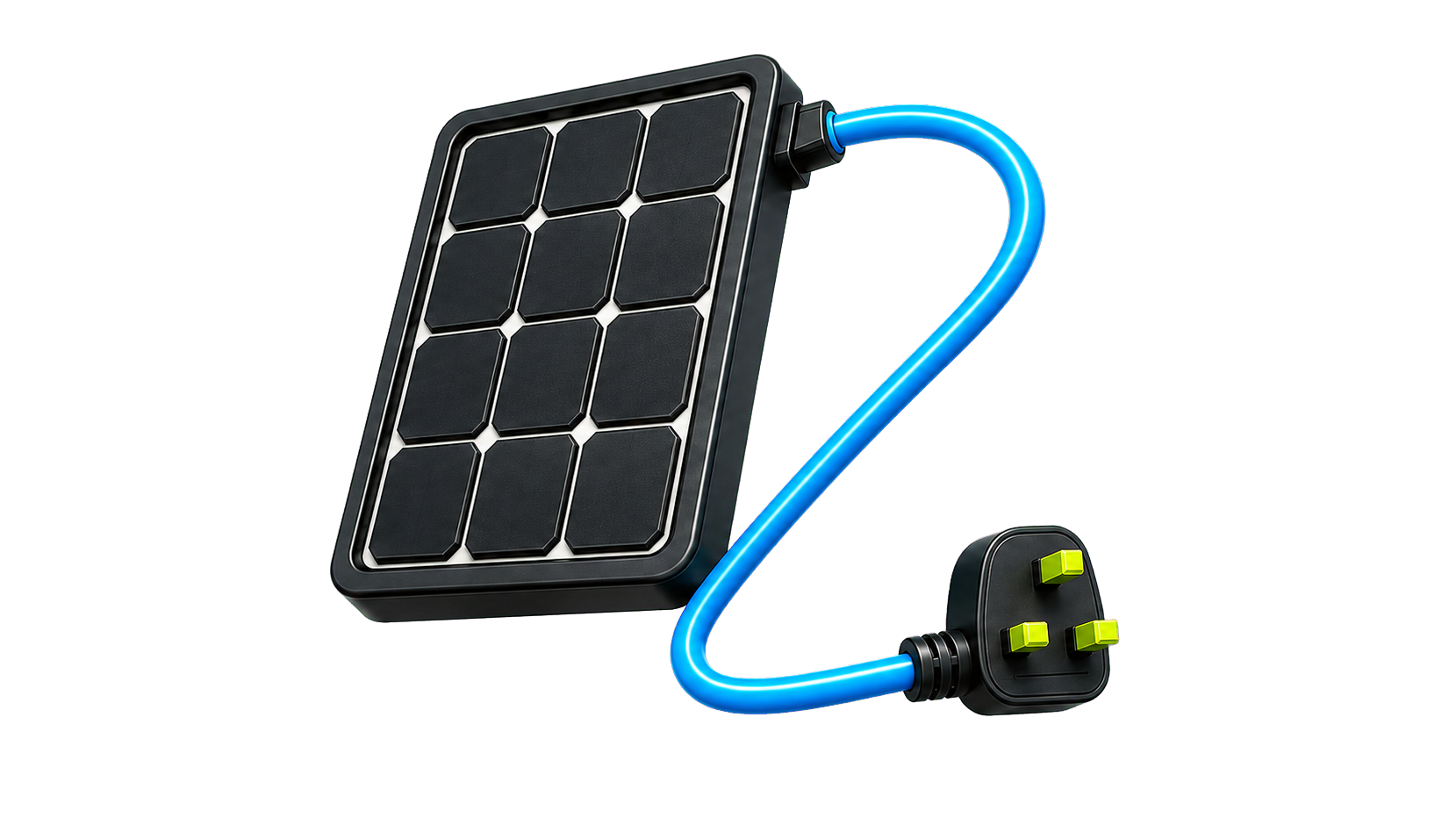 Black solar panel connected by a blue cable to a UK plug